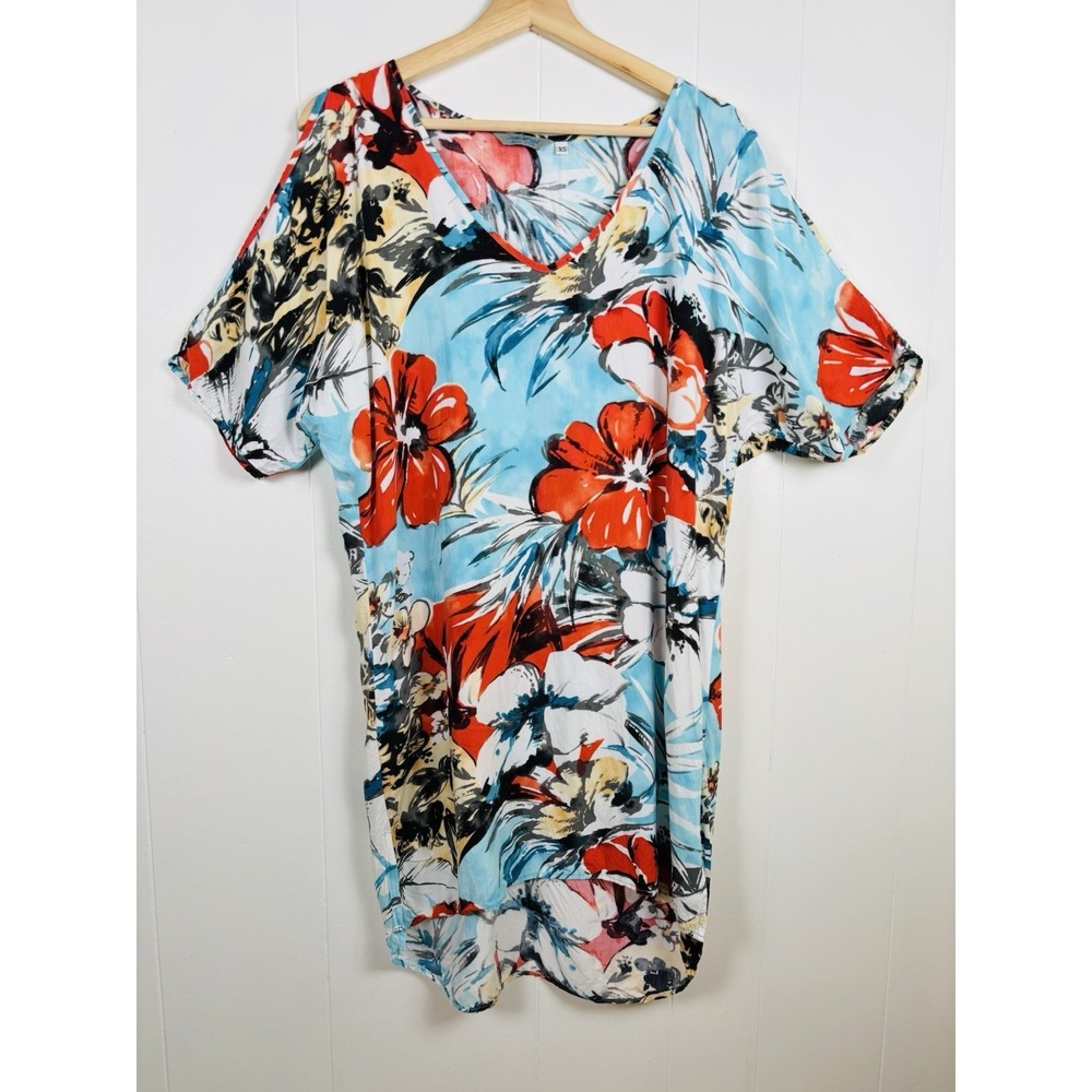 Jams World Sz XS Los Flores Cold Shoulder‎ Floral Swim Cover-Up Mini Dress Blue